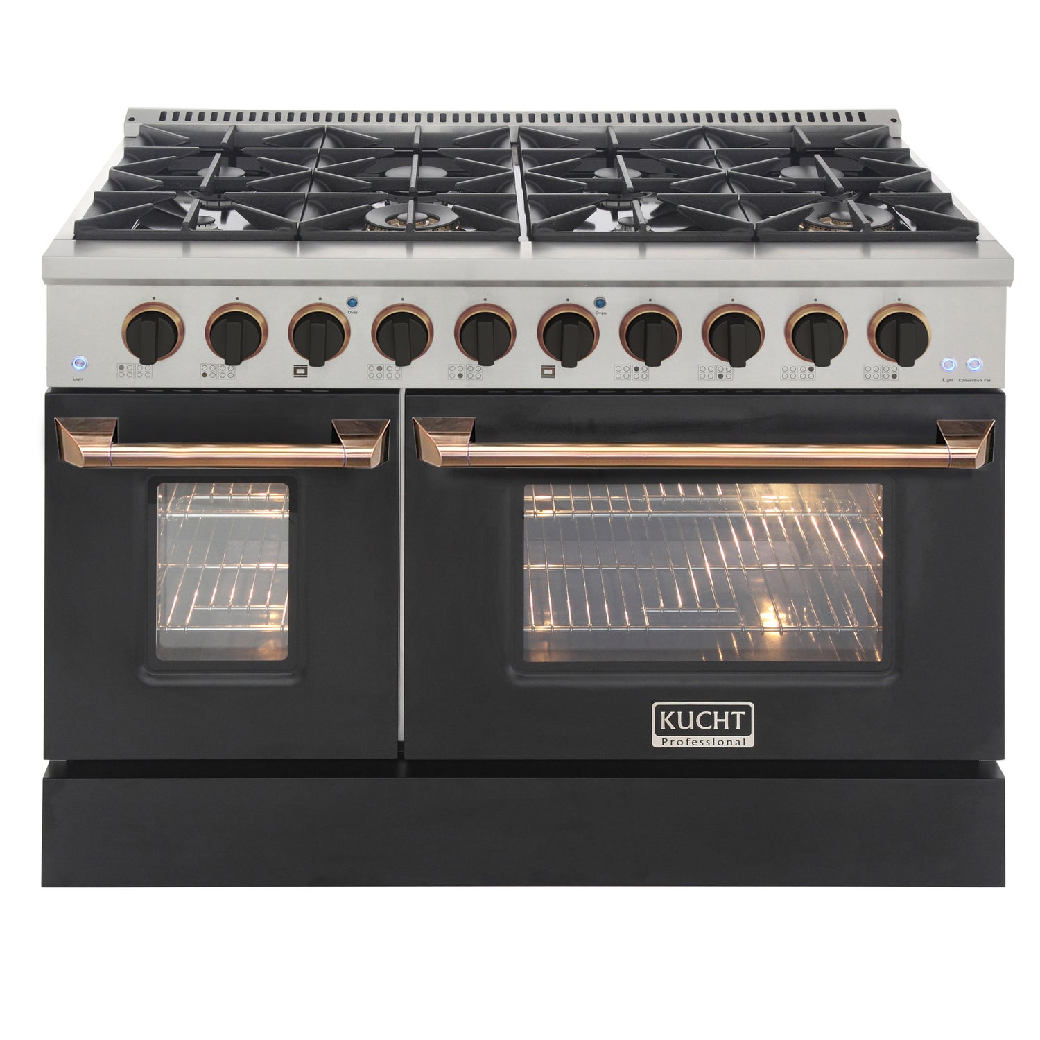KUCHT Professional 48 in. 6.7 cu. ft. Natural Gas Range with Sealed Burners, Griddle/Grill and Two Ovens - One Convection - in Stainless Steel with Black Oven Door, Black Knobs and Knob Rings