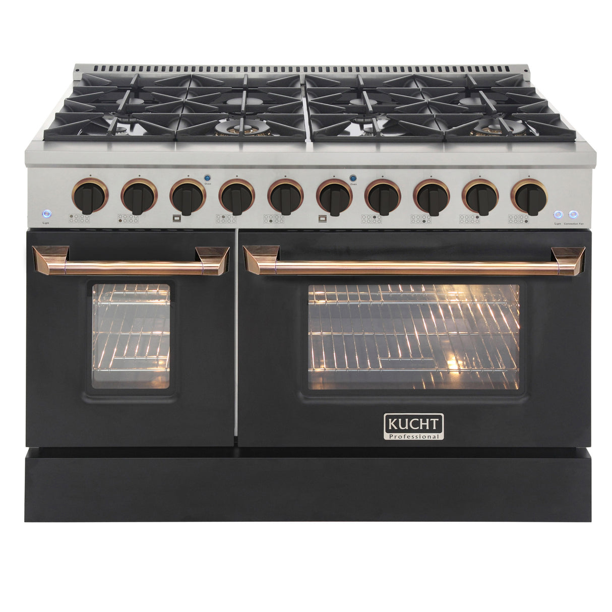KUCHT Professional 48 in. 6.7 cu. ft. Dual Fuel Range for Natural Gas with Sealed Burners Griddle Grill and Two Ovens One Convection in Stainless Steel with Black Oven Door Black Knobs and Knob Rings