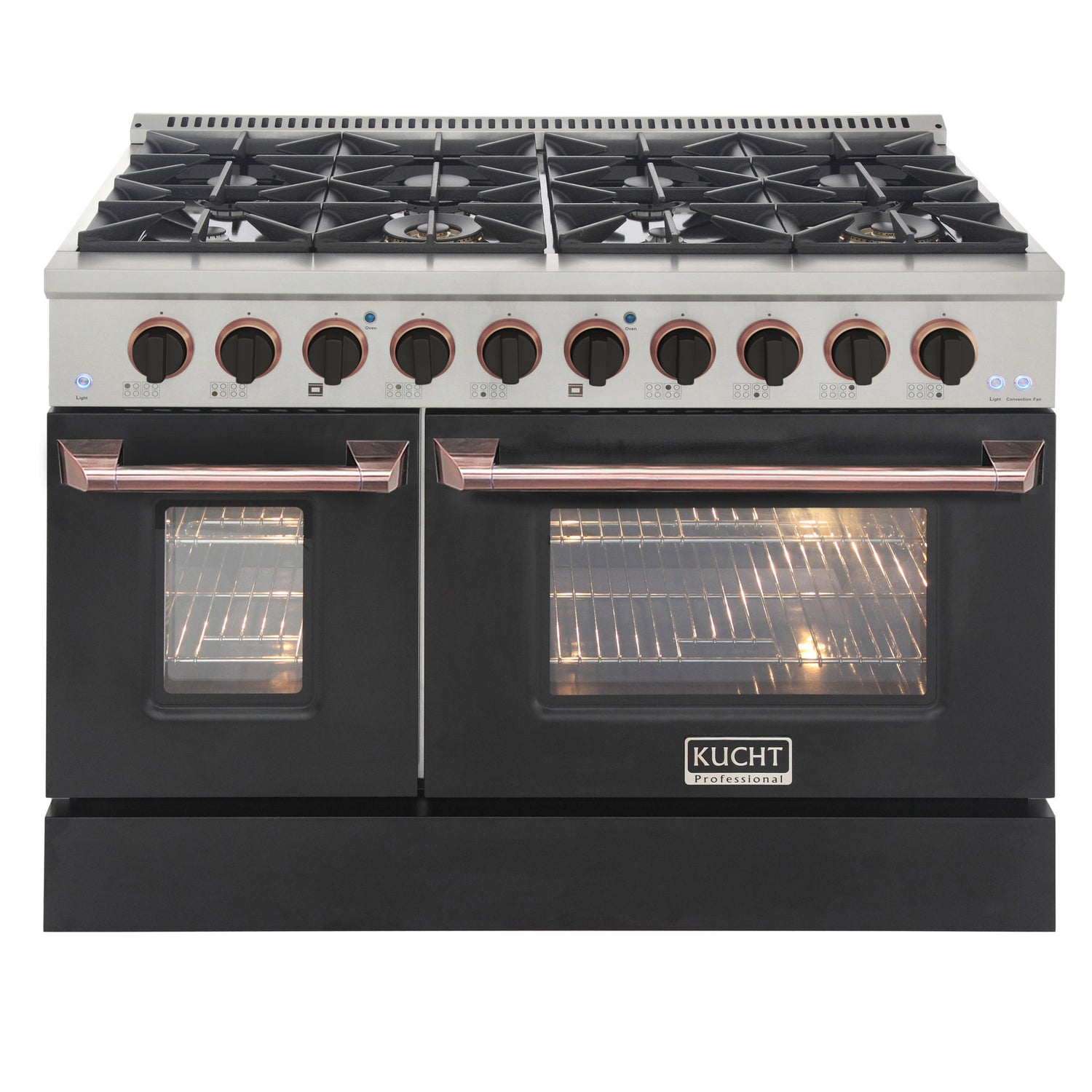 KUCHT Professional 48 in. 6.7 cu. ft. Dual Fuel Range for Natural Gas with Sealed Burners Griddle Grill and Two Ovens One Convection in Stainless Steel with Black Oven Door Black Knobs and Knob Rings