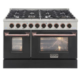 KUCHT Professional 48 in. 6.7 cu. ft. Dual Fuel Range for Natural Gas with Sealed Burners Griddle Grill and Two Ovens One Convection in Stainless Steel with Black Oven Door Black Knobs and Knob Rings