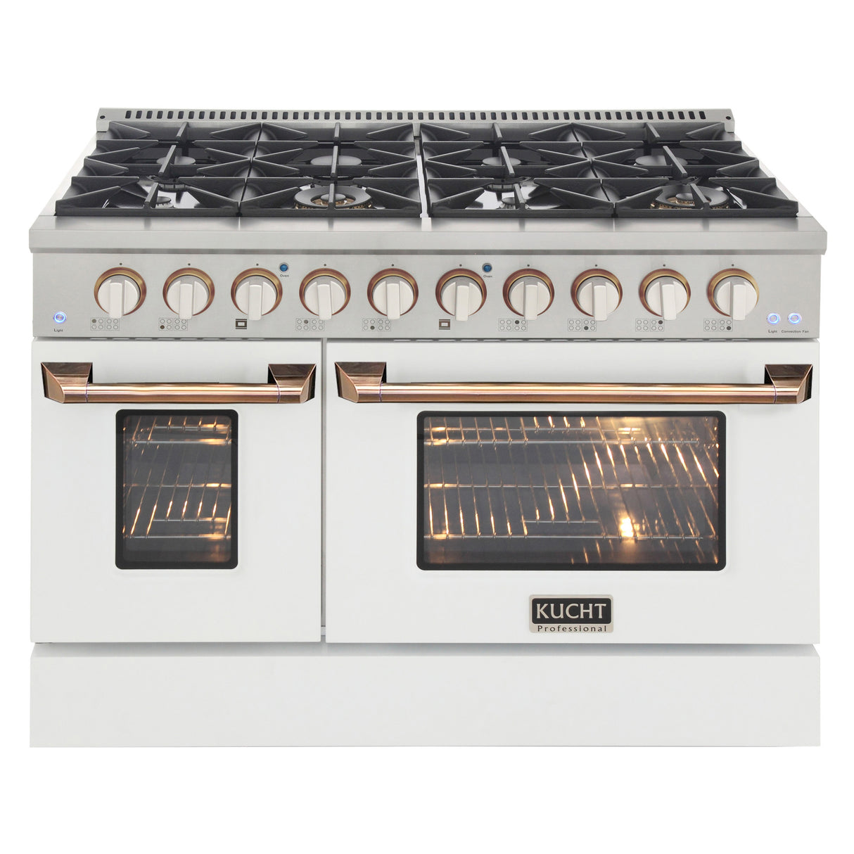 KUCHT Professional 48 in. 6.7 cu. ft. Dual Fuel Range for Natural Gas with Sealed Burners Griddle Grill and Two Ovens One Convection in Stainless Steel with White Oven Door White Knobs and knob rings