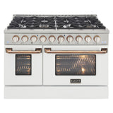 KUCHT Professional 48 in. 6.7 cu. ft. Dual Fuel Range for Natural Gas with Sealed Burners Griddle Grill and Two Ovens One Convection in Stainless Steel with White Oven Door White Knobs and knob rings