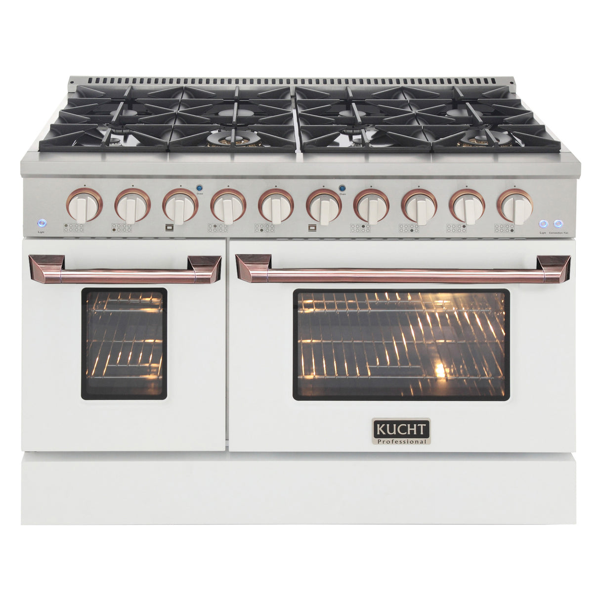 KUCHT Professional 48 in. 6.7 cu. ft. Dual Fuel Range for Natural Gas with Sealed Burners Griddle Grill and Two Ovens One Convection in Stainless Steel with White Oven Door White Knobs and knob rings