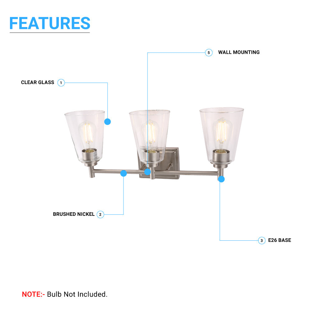 Flared Shape Bathroom Light Fixtures with Clear Glass Shade, E26 Base, UL Listed for Damp Location, Wall Mount, Bathroom Vanity Lighting - BUILDMYPLACE