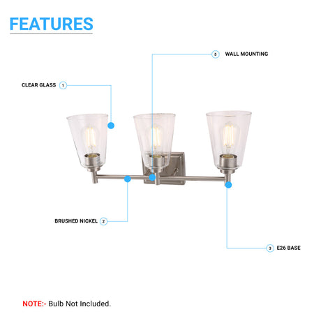 Flared Shape Bathroom Light Fixtures with Clear Glass Shade, E26 Base, UL Listed for Damp Location, Wall Mount, Bathroom Vanity Lighting - BUILDMYPLACE