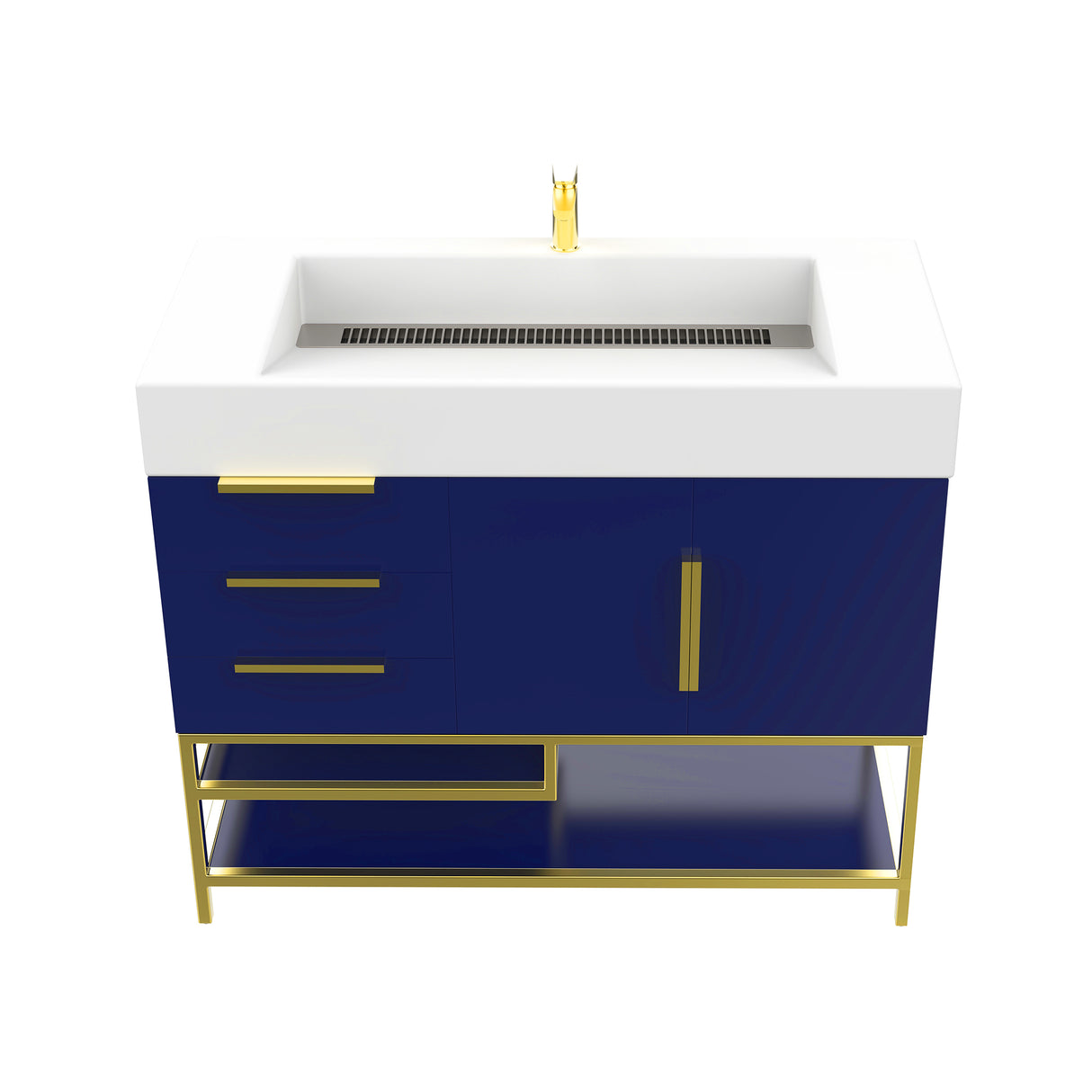 Blossom Freestanding Bathroom Vanity With Acrylic Sink, Drawers, Open Shelf Storage & Gold Hardware & Frame