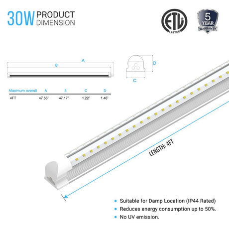 4ft Integrated 30W LED Tube Light Fixture - 3900Lm - 6500k Clear Cover - Double Side V - Shape - Plug and Play - BUILDMYPLACE