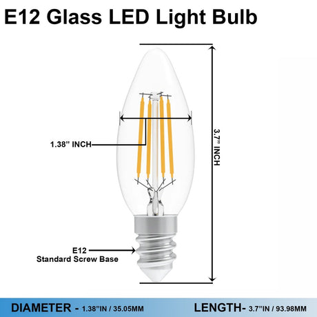 4W Filament LED Bulb, 2700K, 360LM, 120V/60Hz, 4short filament, E12 Base, Dimmable, Clear Glass, LED Candelabra Light Bulbs - D1.38"*3.7"H - LEDMyPlace