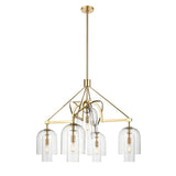 5 - Light Modern Glass Bell Shade Round Chandelier Diam 35.5", Brass Finish Hardware with Clear Glass, 27.5" Height, 120V, Bulb Type B10, Socket Type E12, Max wattage Per Socket 60W - BUILDMYPLACE