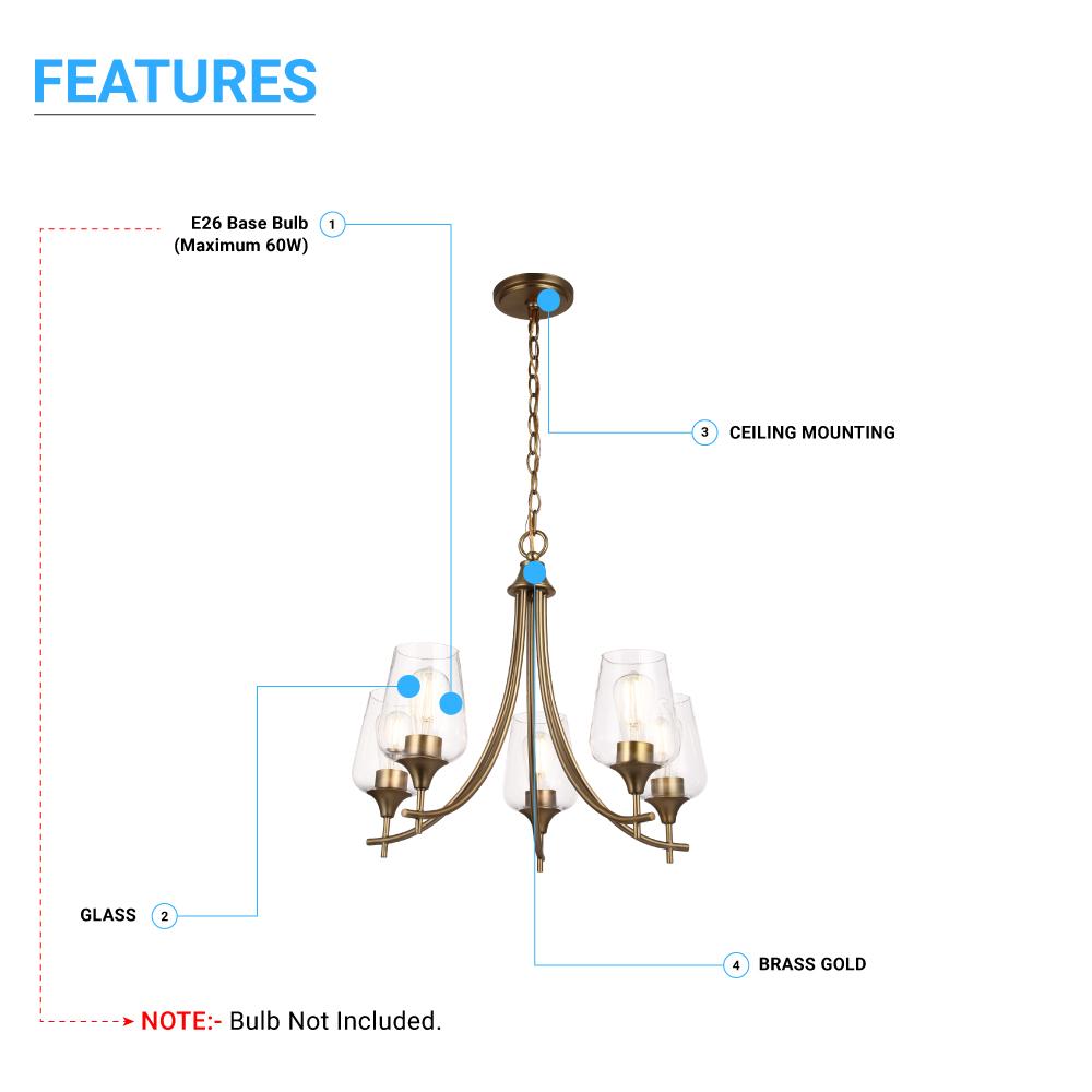 5 - Lights Chandelier Light - Brass Gold Finish with Clear Glass Shades, E26 Socket, UL Listed for Damp Location, 3 Years Warranty - BUILDMYPLACE
