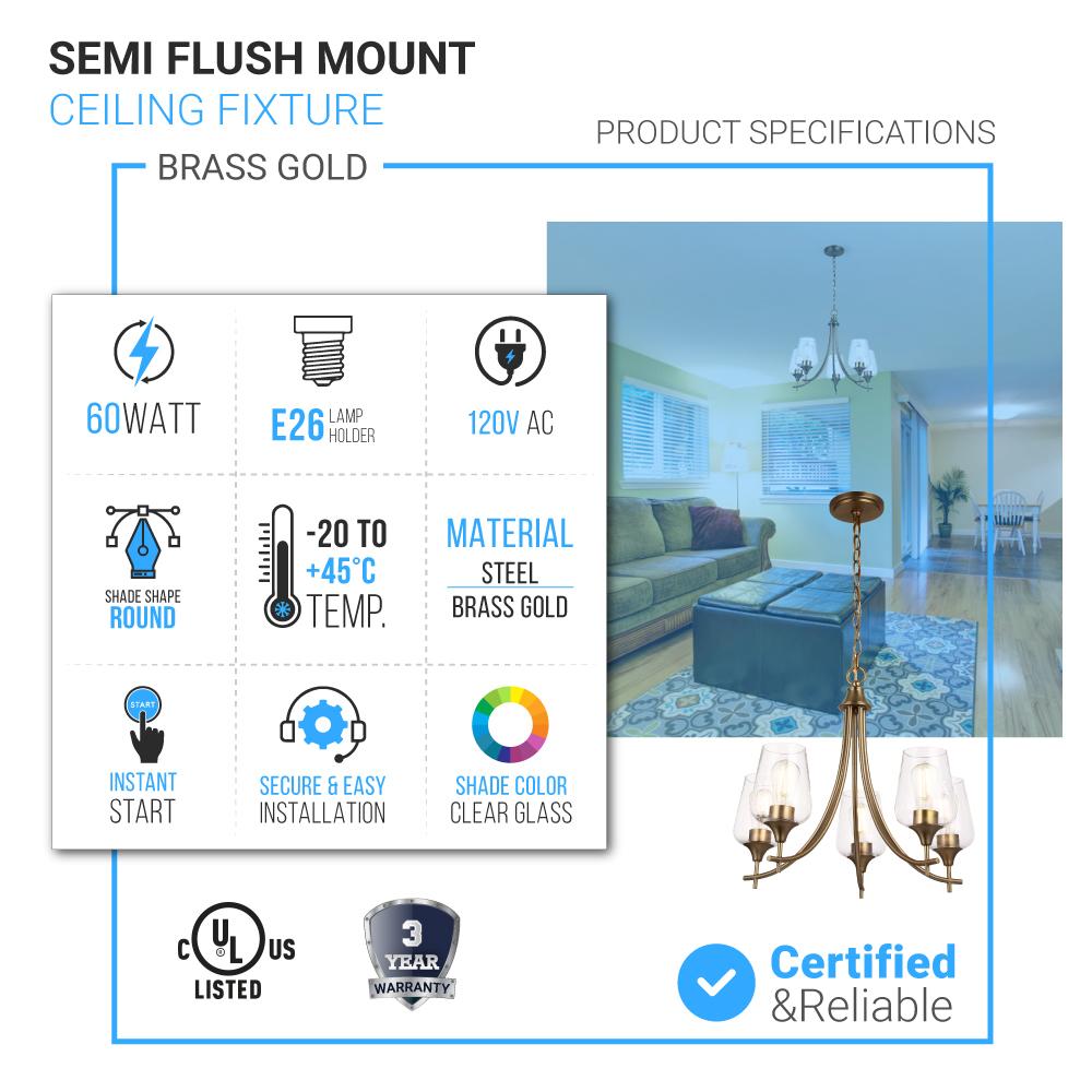 5 - Lights Chandelier Light - Brass Gold Finish with Clear Glass Shades, E26 Socket, UL Listed for Damp Location, 3 Years Warranty - BUILDMYPLACE