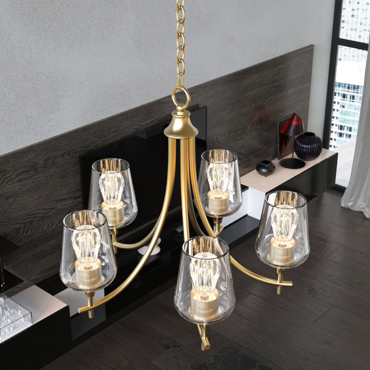 5 - Lights Chandelier Light - Brass Gold Finish with Clear Glass Shades, E26 Socket, UL Listed for Damp Location, 3 Years Warranty - BUILDMYPLACE