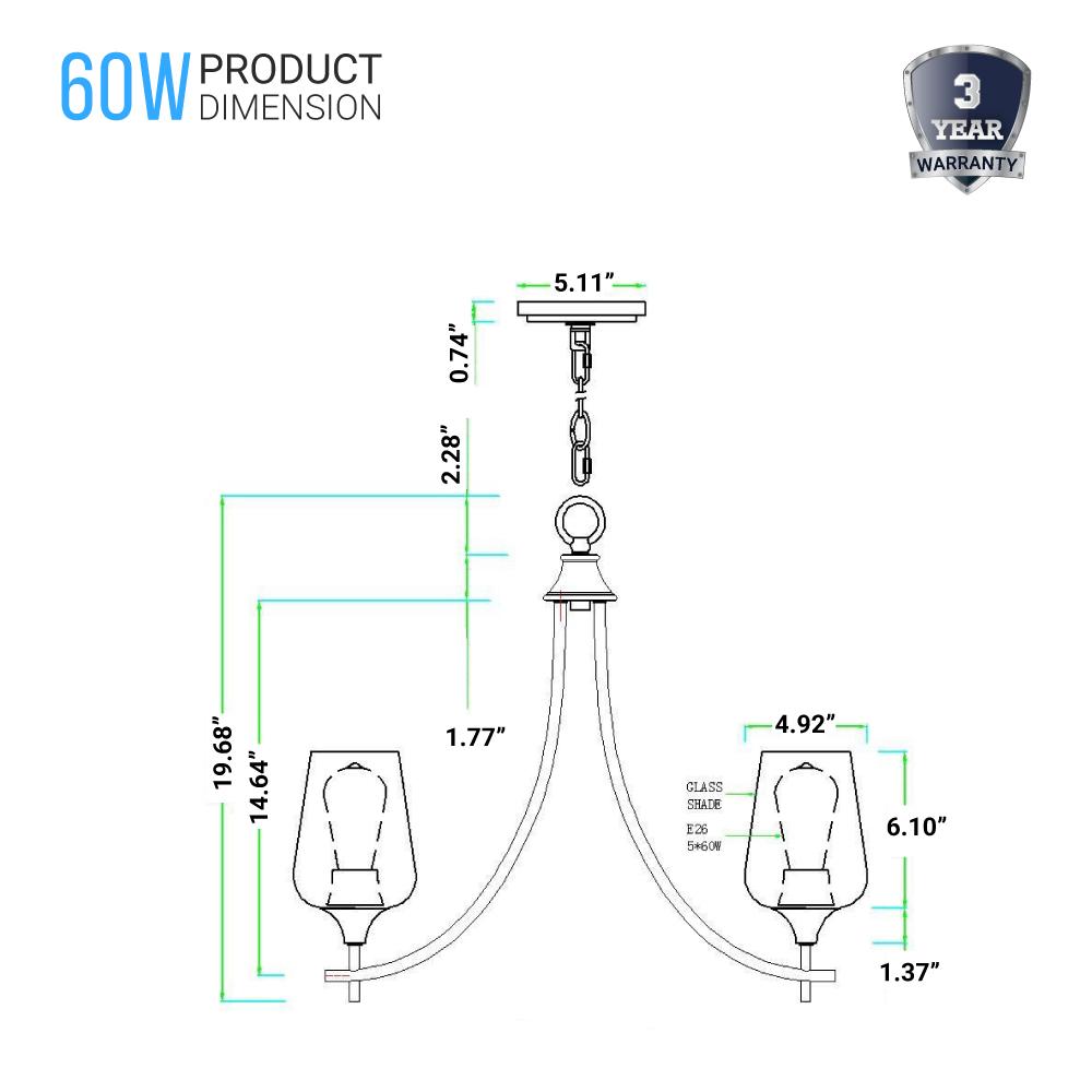 5 - Lights Chandelier Light - Brass Gold Finish with Clear Glass Shades, E26 Socket, UL Listed for Damp Location, 3 Years Warranty - BUILDMYPLACE