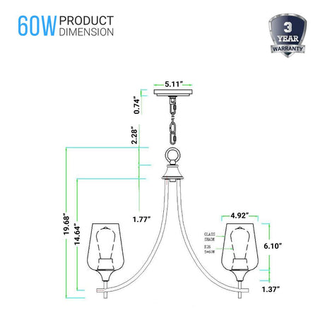 5 - Lights Chandelier Light - Brass Gold Finish with Clear Glass Shades, E26 Socket, UL Listed for Damp Location, 3 Years Warranty - BUILDMYPLACE