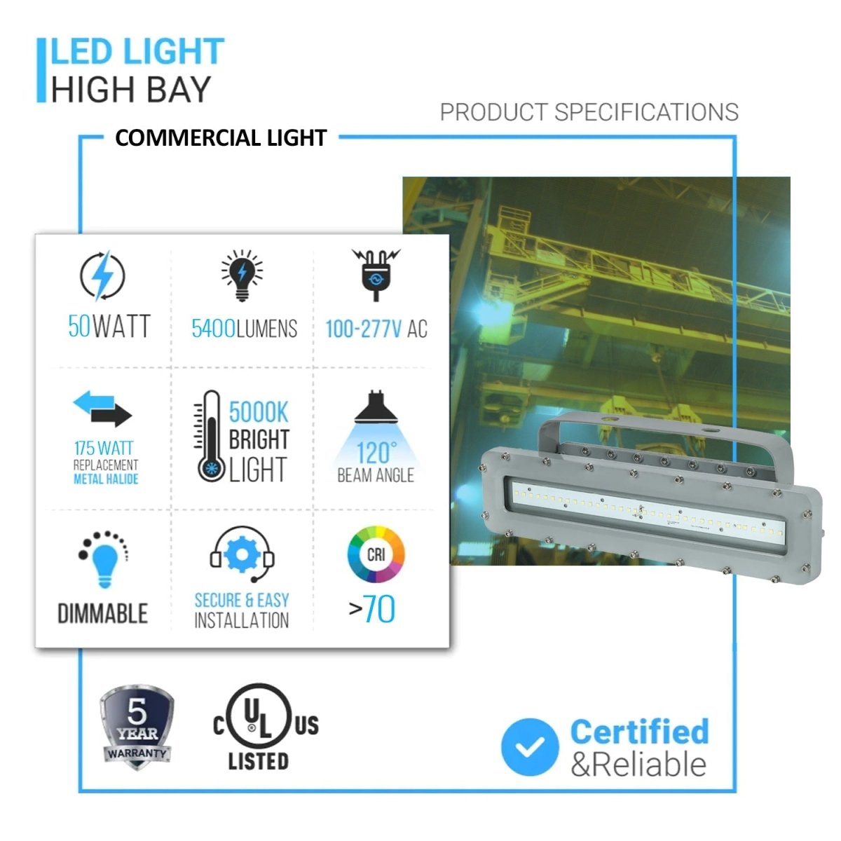 50 Watt 2FT LED Explosion Proof Linear Light, I Series, Dimmable, 5000K, 5400LM, AC100 - 277V, IP66, Hazardous Location Lighting Fixtures - BUILDMYPLACE