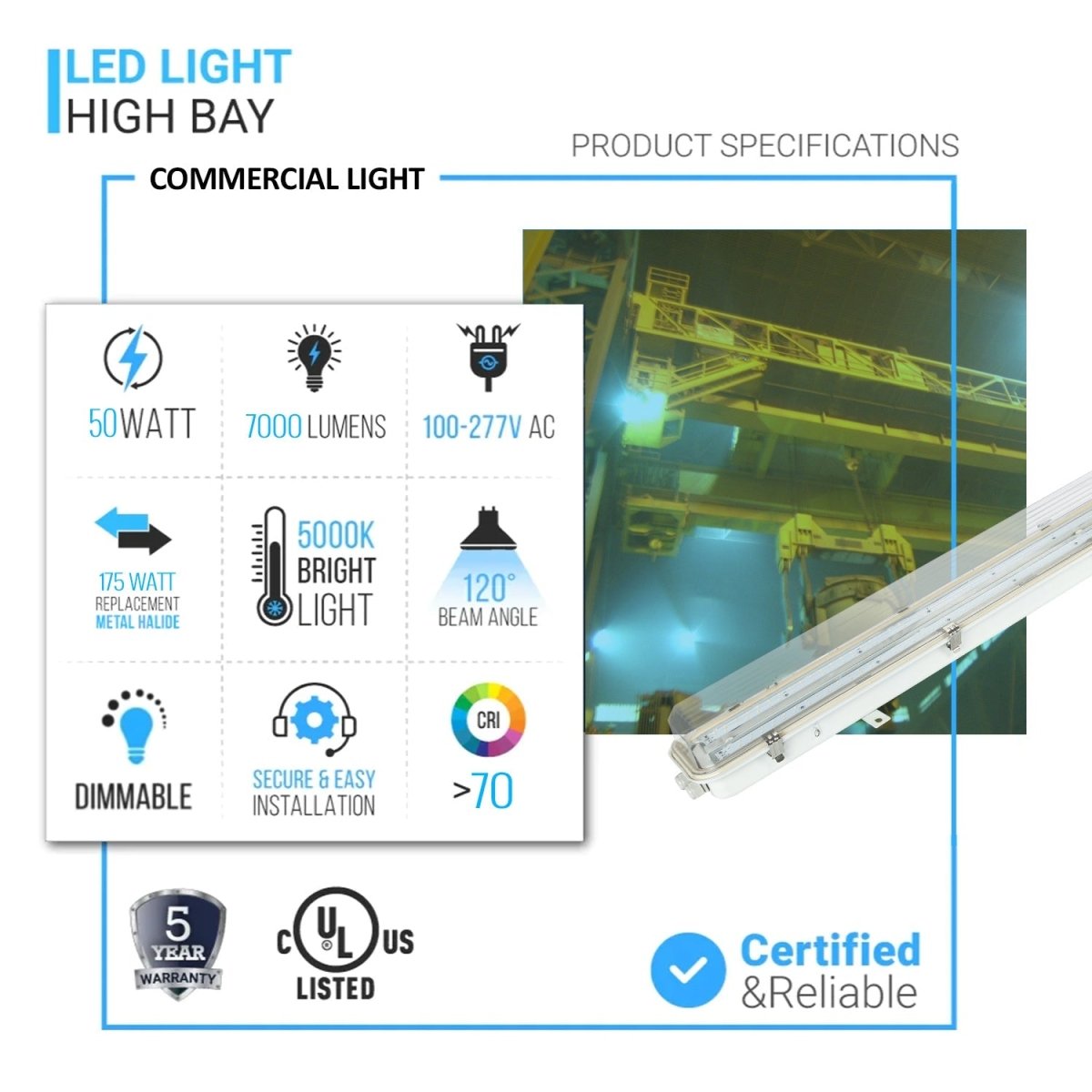 50 Watt 4FT LED Explosion Proof Vapor Proof Light, R Series, Dimmable, 5000K, 7000LM, AC100 - 277V, IP66, Ideal for Oil & Gas Refineries, Drilling Rigs, Petrochemical Facilities - BUILDMYPLACE