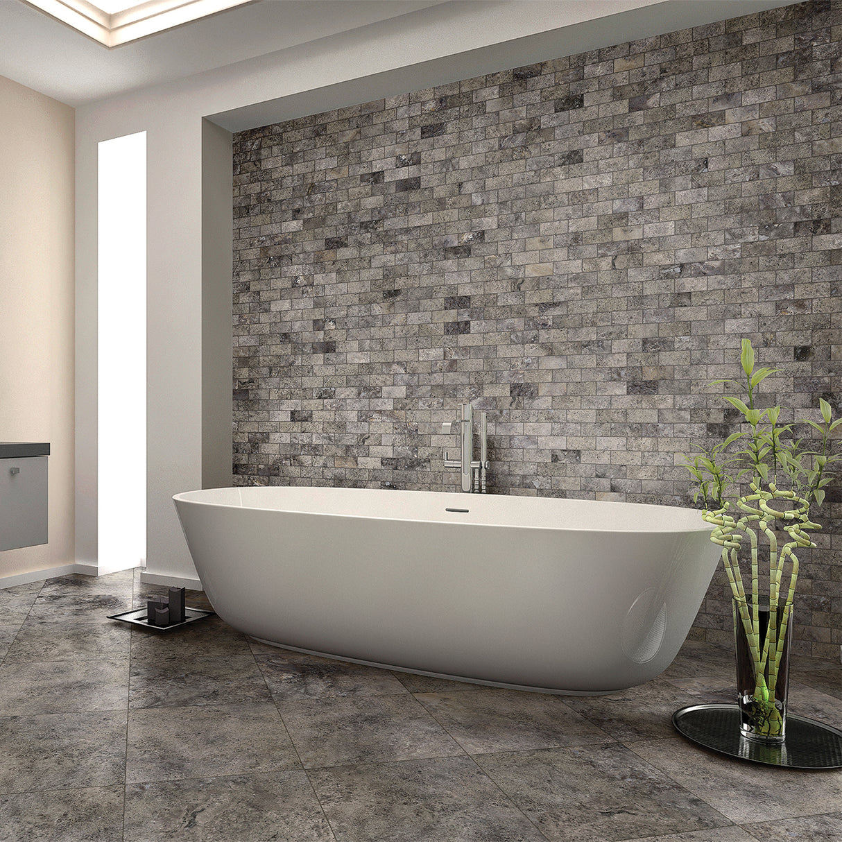 Random Strip Silver Ash Tumbled Travertine Mosaic