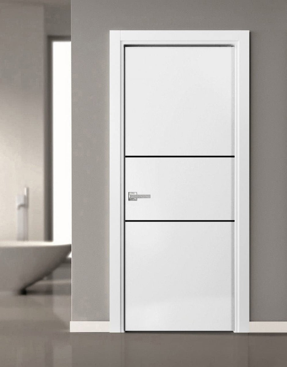 Modern Solid Interior Door with Handle | Planum 0014 White Silk | Single Regural Panel Frame Trims | Bathroom Bedroom Sturdy Doors