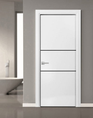 Modern Solid Interior Door with Handle | Planum 0014 White Silk | Single Regural Panel Frame Trims | Bathroom Bedroom Sturdy Doors