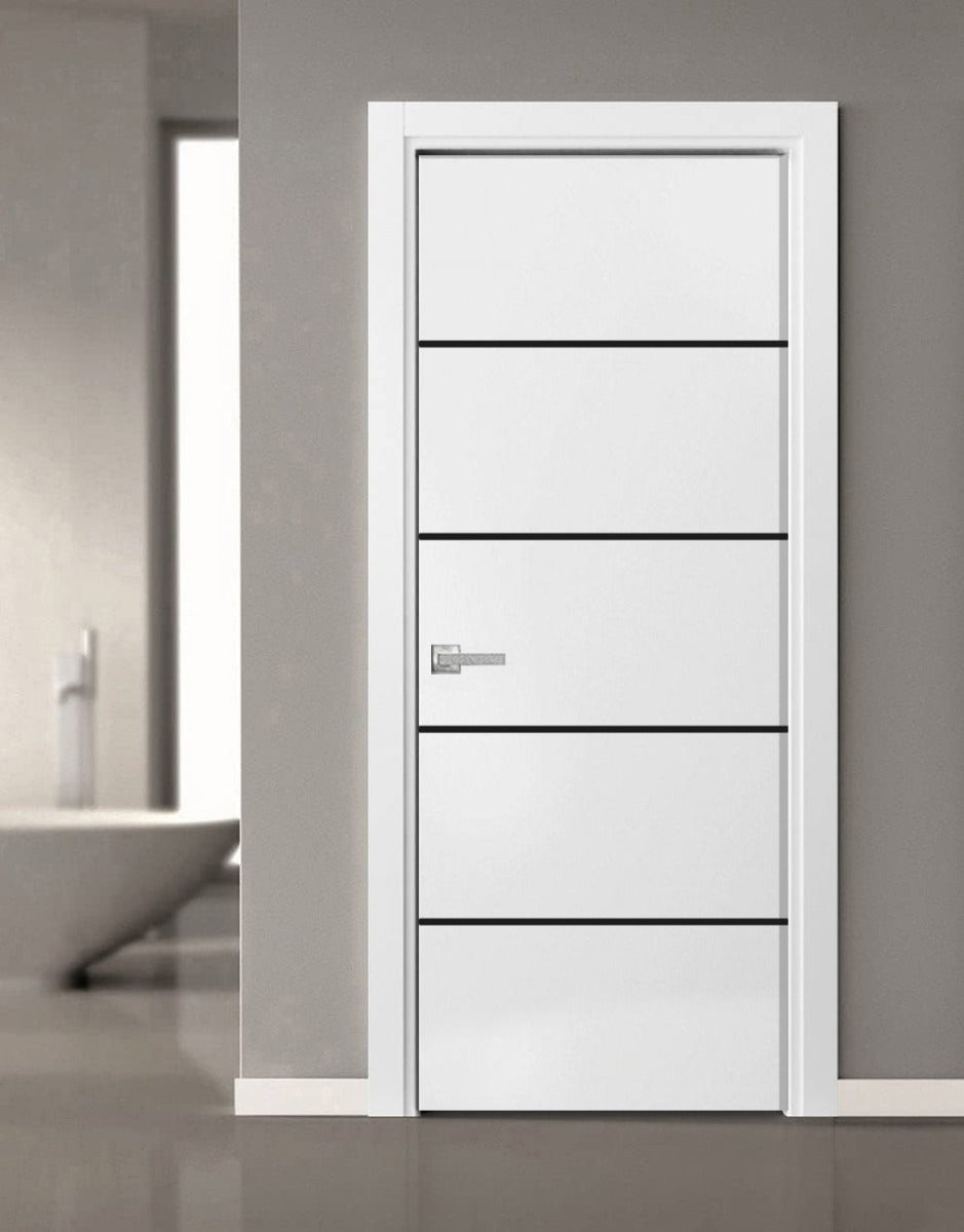 Modern Solid Interior Door with Handle | Planum 0015 White Silk | Single Regural Panel Frame Trims | Bathroom Bedroom Sturdy Doors