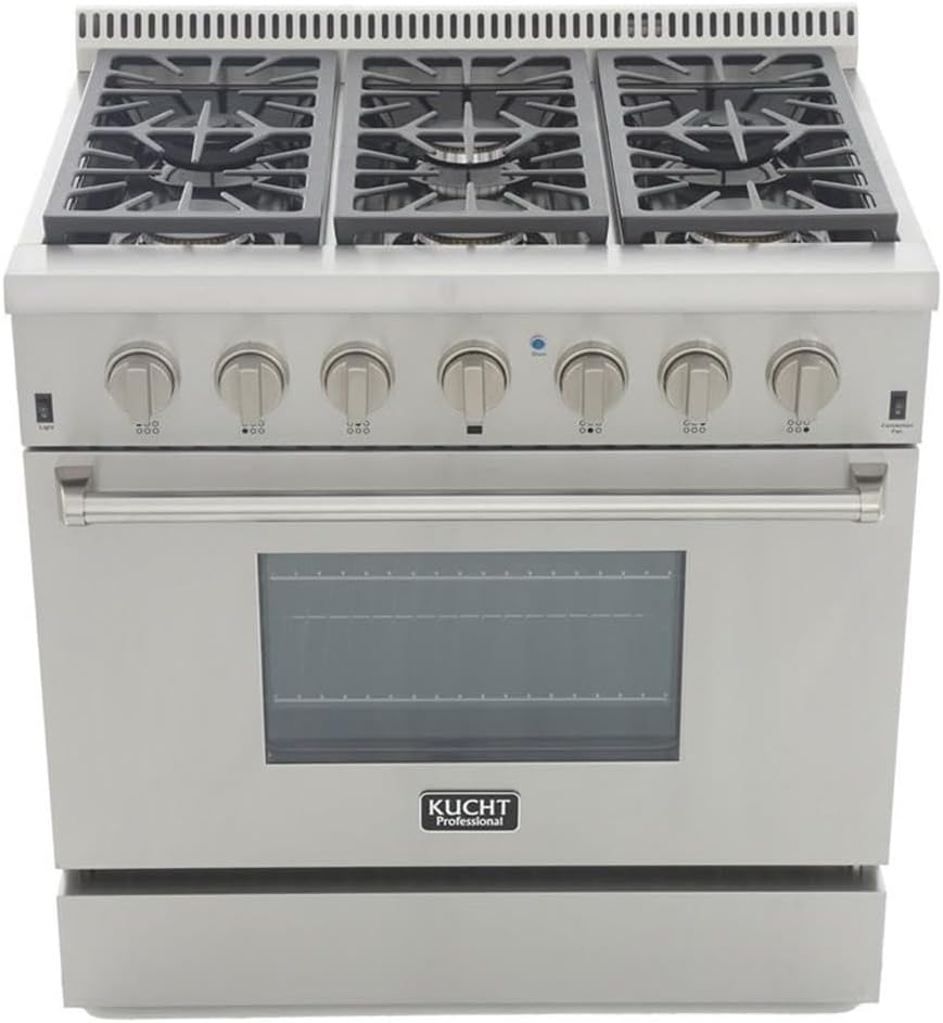 KUCHT Professional 36 in. 5.2 cu. ft. Dual Fuel Range for Natural Gas with Sealed Burners and Convection Oven in Stainless Steel with Classic Silver Knobs