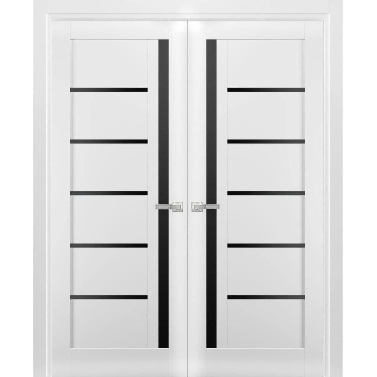 Solid French Double Doors | Quadro 4588 White Silk with Black Glass | Wood Solid Panel Frame Trims | Closet Bedroom Sturdy Doors