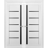 Solid French Double Doors | Quadro 4588 White Silk with Black Glass | Wood Solid Panel Frame Trims | Closet Bedroom Sturdy Doors