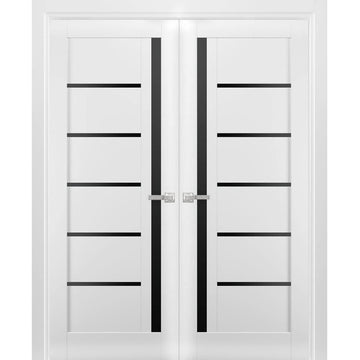 Solid French Double Doors | Quadro 4588 White Silk with Black Glass | Wood Solid Panel Frame Trims | Closet Bedroom Sturdy Doors