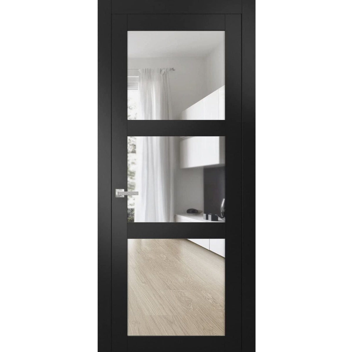 Solid Interior French | Lucia 2555 Matte Black with Clear Glass | Single Regular Panel Frame Trims Handle | Bathroom Bedroom Sturdy Doors