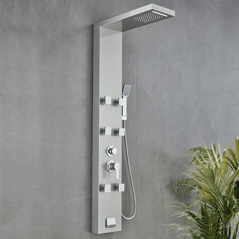 53 in. 6 - Jet Stainless Steel Shower Panel System w/ Fixed Rainfall & Waterfall Shower Head, Tub Spout & Handheld, Jet Massage Feature - BUILDMYPLACE