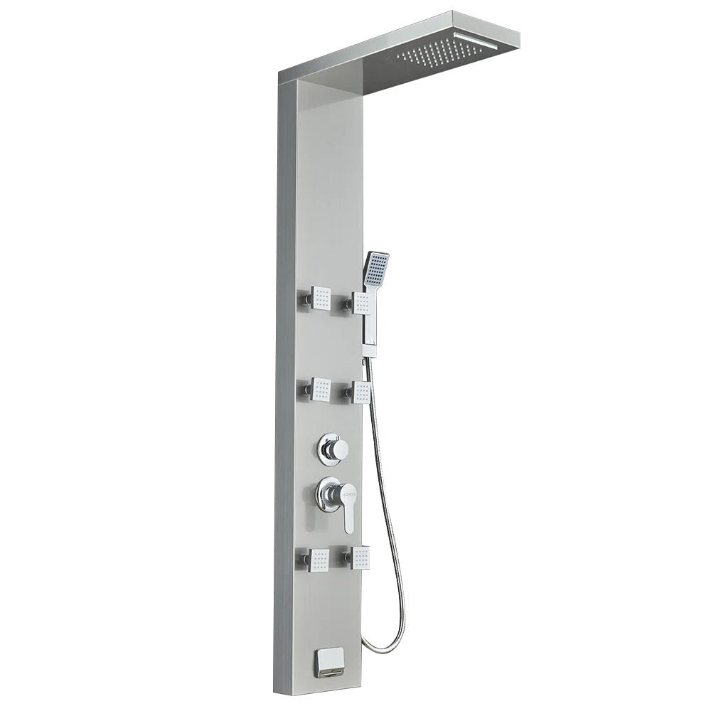 53 in. 6 - Jet Stainless Steel Shower Panel System w/ Fixed Rainfall & Waterfall Shower Head, Tub Spout & Handheld, Jet Massage Feature - BUILDMYPLACE