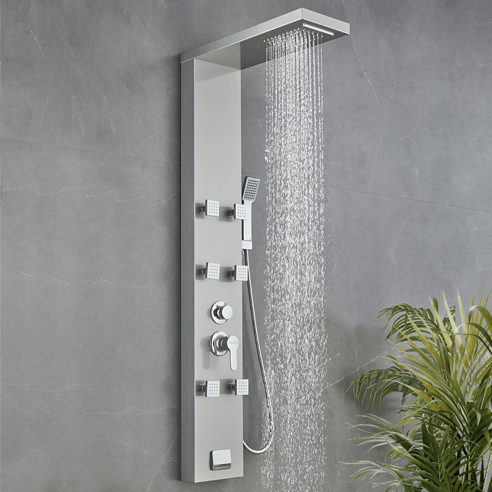 53 in. 6 - Jet Stainless Steel Shower Panel System w/ Fixed Rainfall & Waterfall Shower Head, Tub Spout & Handheld, Jet Massage Feature - BUILDMYPLACE