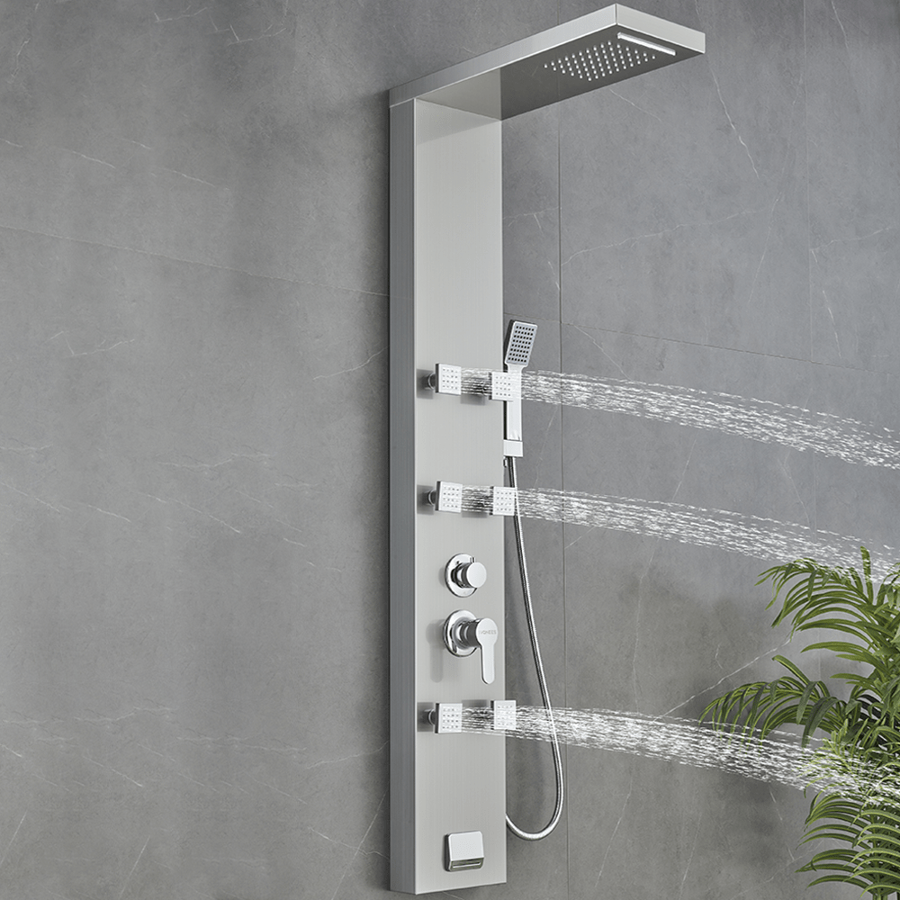 53 in. 6 - Jet Stainless Steel Shower Panel System w/ Fixed Rainfall & Waterfall Shower Head, Tub Spout & Handheld, Jet Massage Feature - BUILDMYPLACE