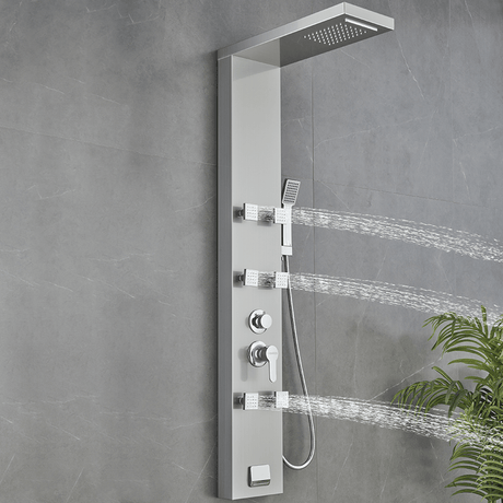 53 in. 6 - Jet Stainless Steel Shower Panel System w/ Fixed Rainfall & Waterfall Shower Head, Tub Spout & Handheld, Jet Massage Feature - BUILDMYPLACE