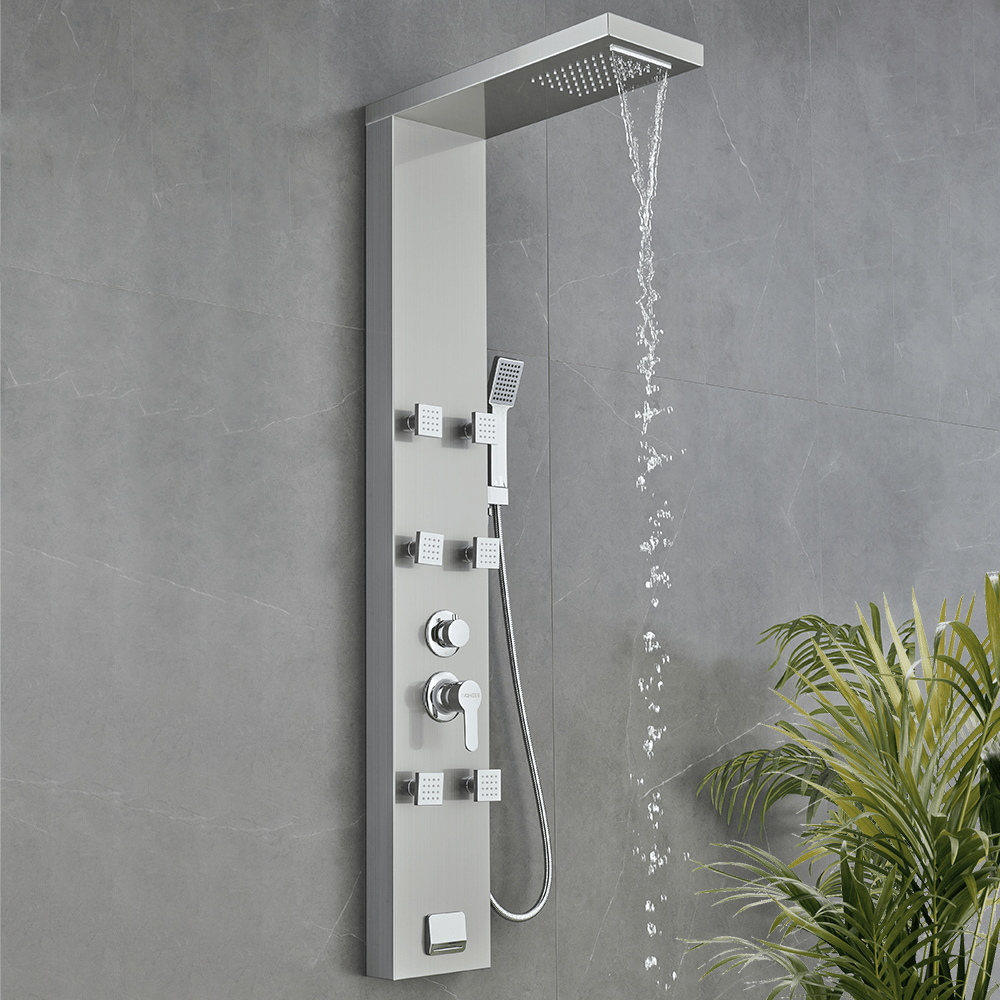 53 in. 6 - Jet Stainless Steel Shower Panel System w/ Fixed Rainfall & Waterfall Shower Head, Tub Spout & Handheld, Jet Massage Feature - BUILDMYPLACE