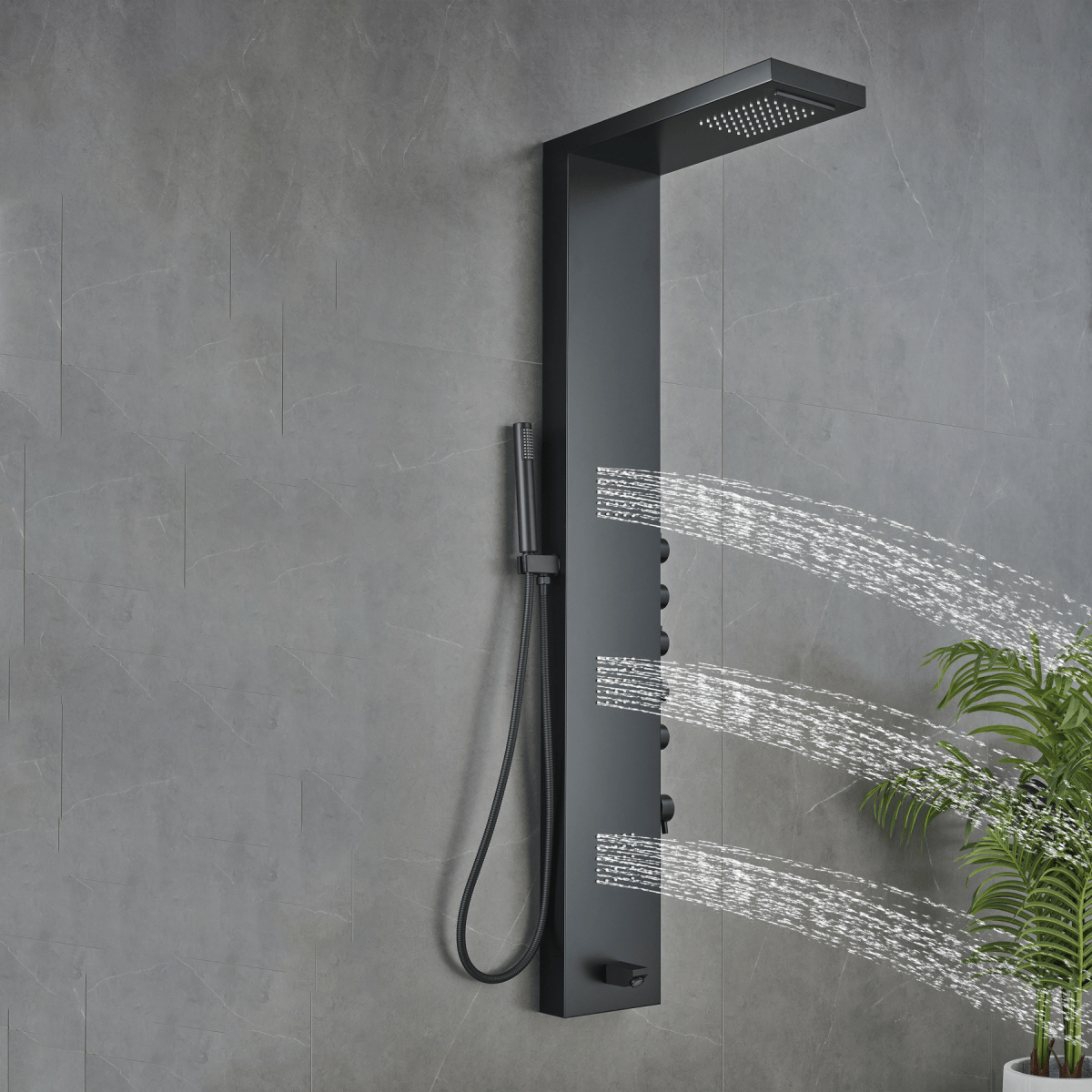 55 in. 3 - Jet Stainless Steel Matte Black Shower Panel System with Fixed Rainfall & Waterfall Shower Head, Tub Spout & Handheld Shower, Self - Cleaning & Jet Massage Feature - BUILDMYPLACE