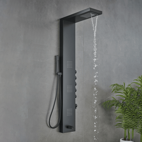 55 in. 3 - Jet Stainless Steel Matte Black Shower Panel System with Fixed Rainfall & Waterfall Shower Head, Tub Spout & Handheld Shower, Self - Cleaning & Jet Massage Feature - BUILDMYPLACE