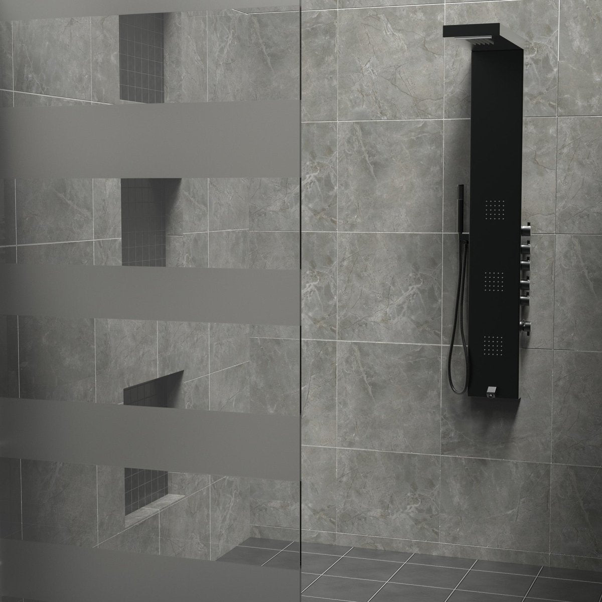 55 in. 3 - Jet Stainless Steel Matte Black Shower Panel System with Fixed Rainfall & Waterfall Shower Head, Tub Spout & Handheld Shower, Self - Cleaning & Jet Massage Feature - BUILDMYPLACE