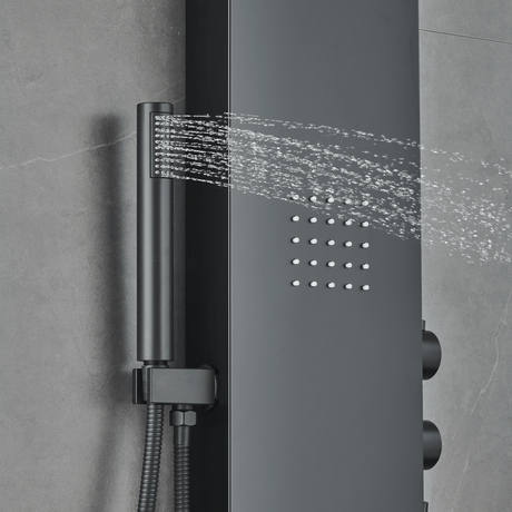 55 in. 3 - Jet Stainless Steel Matte Black Shower Panel System with Fixed Rainfall & Waterfall Shower Head, Tub Spout & Handheld Shower, Self - Cleaning & Jet Massage Feature - BUILDMYPLACE