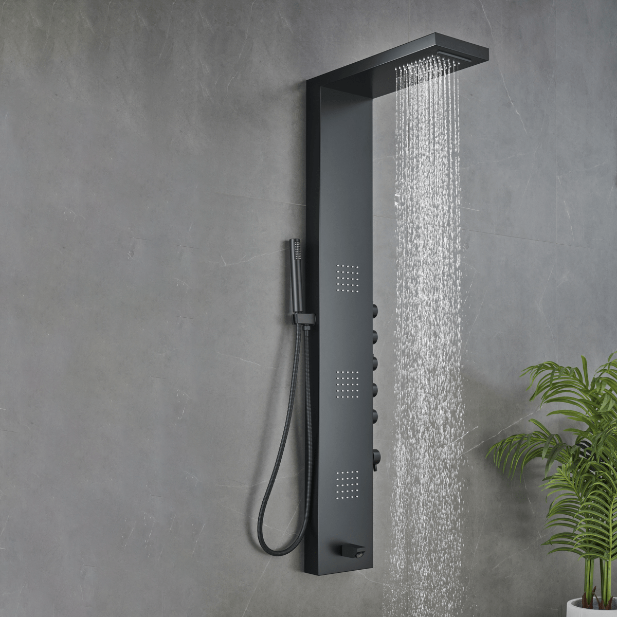 55 in. 3 - Jet Stainless Steel Matte Black Shower Panel System with Fixed Rainfall & Waterfall Shower Head, Tub Spout & Handheld Shower, Self - Cleaning & Jet Massage Feature - BUILDMYPLACE