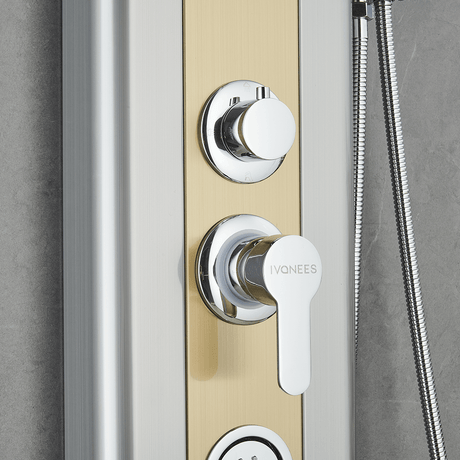 55 in. 4 - Jet Stainless Steel Brushed Gold Shower Panel System w/ Fixed Rainfall Shower Head, Tub Spout & Handheld Shower, Jet Massage - BUILDMYPLACE