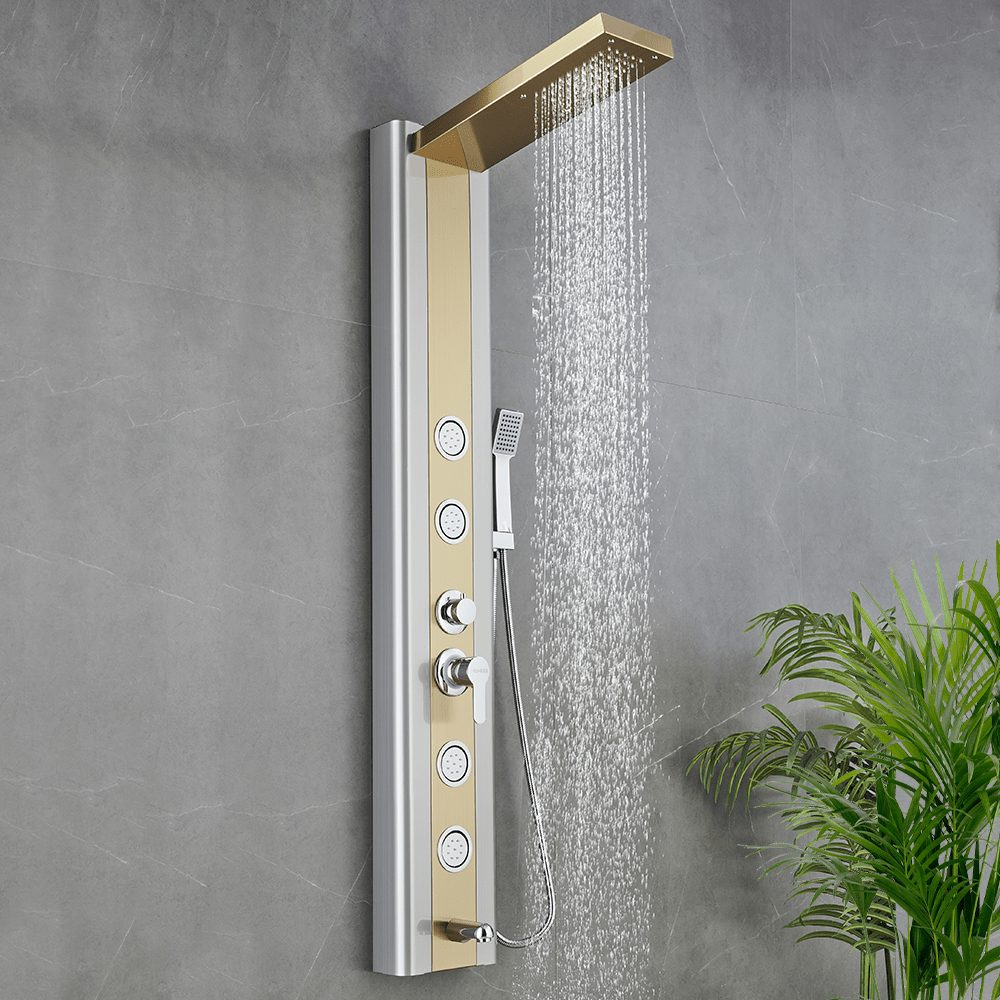 55 in. 4 - Jet Stainless Steel Brushed Gold Shower Panel System w/ Fixed Rainfall Shower Head, Tub Spout & Handheld Shower, Jet Massage - BUILDMYPLACE