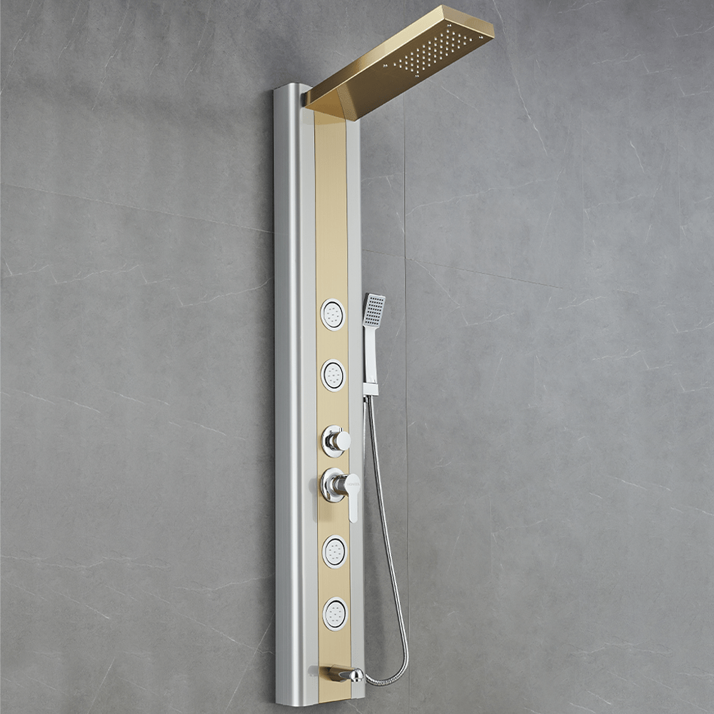 55 in. 4 - Jet Stainless Steel Brushed Gold Shower Panel System w/ Fixed Rainfall Shower Head, Tub Spout & Handheld Shower, Jet Massage - BUILDMYPLACE