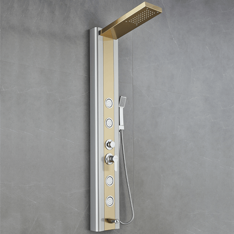 55 in. 4 - Jet Stainless Steel Brushed Gold Shower Panel System w/ Fixed Rainfall Shower Head, Tub Spout & Handheld Shower, Jet Massage - BUILDMYPLACE