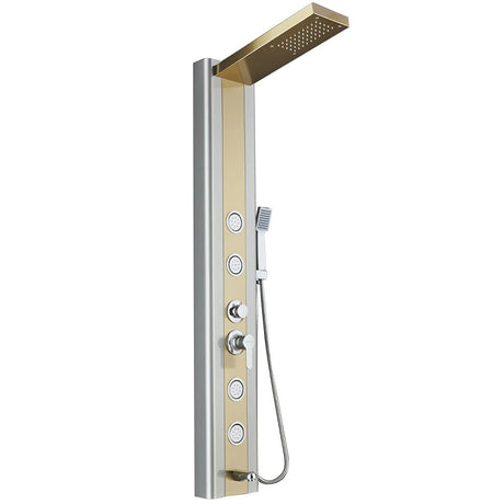 55 in. 4 - Jet Stainless Steel Brushed Gold Shower Panel System w/ Fixed Rainfall Shower Head, Tub Spout & Handheld Shower, Jet Massage - BUILDMYPLACE