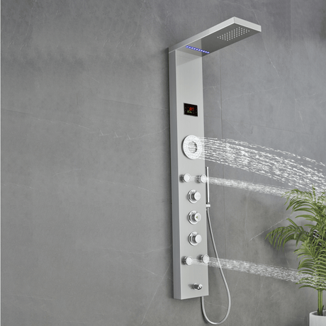 55 In. 5 - Jet Stainless Steel Shower Panel System With Fixed LED Rainfall Shower Head, LED Temperature Display & Handheld Shower, Self - Cleaning & Jet Massage Feature - BUILDMYPLACE