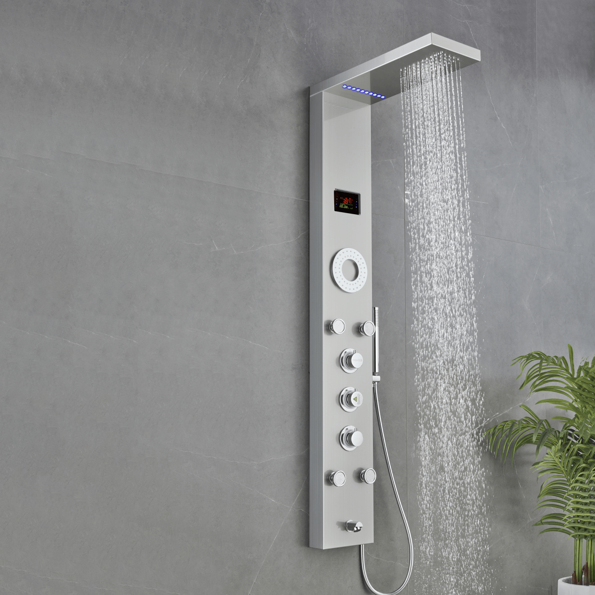 55 In. 5 - Jet Stainless Steel Shower Panel System With Fixed LED Rainfall Shower Head, LED Temperature Display & Handheld Shower, Self - Cleaning & Jet Massage Feature - BUILDMYPLACE