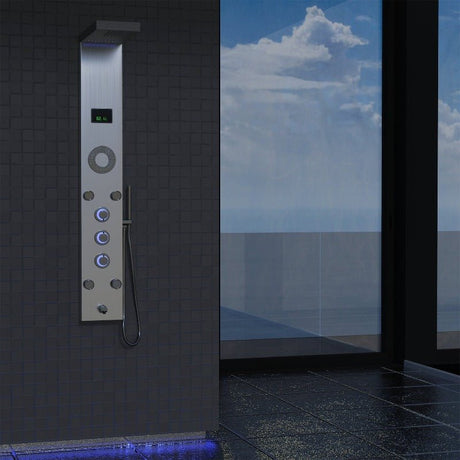 55 In. 5 - Jet Stainless Steel Shower Panel System With Fixed LED Rainfall Shower Head, LED Temperature Display & Handheld Shower, Self - Cleaning & Jet Massage Feature - BUILDMYPLACE