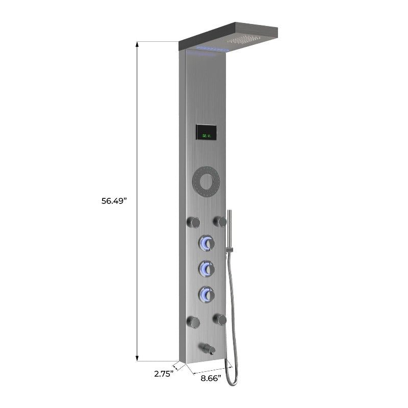 55 In. 5 - Jet Stainless Steel Shower Panel System With Fixed LED Rainfall Shower Head, LED Temperature Display & Handheld Shower, Self - Cleaning & Jet Massage Feature - BUILDMYPLACE