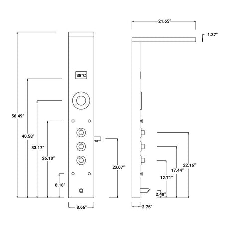 55 In. 5 - Jet Stainless Steel Shower Panel System With Fixed LED Rainfall Shower Head, LED Temperature Display & Handheld Shower, Self - Cleaning & Jet Massage Feature - BUILDMYPLACE